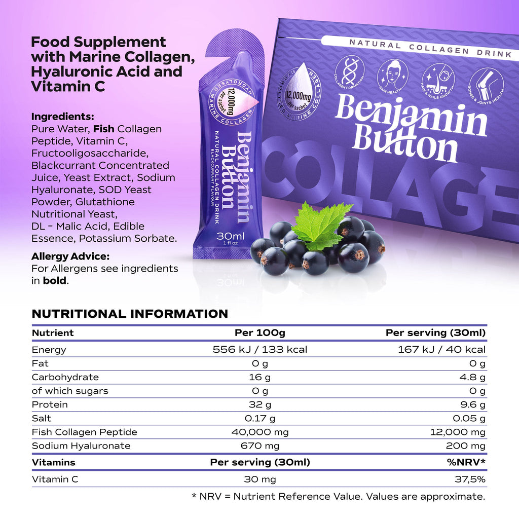 Benjamin Button 12,000mg Marine Collagen Drink - Blackcurrant Liquid Sachets