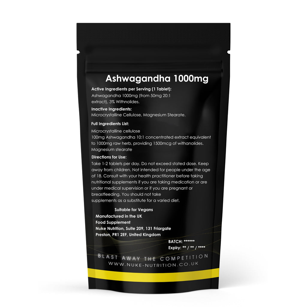 Ashwagandha Stress, Anxiety & Mental Support Strong Herbal Extract 1000mg Strength Tablets 3% Withanolides