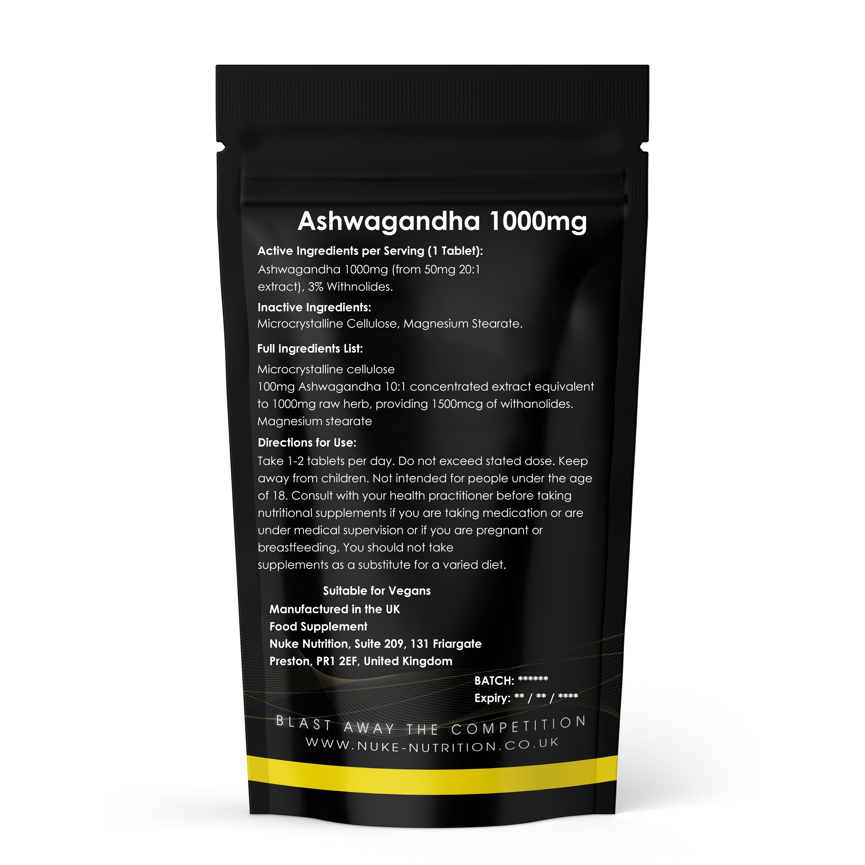 Ashwagandha Stress, Anxiety & Mental Support Strong Herbal Extract 1000mg Strength Tablets 3% Withanolides