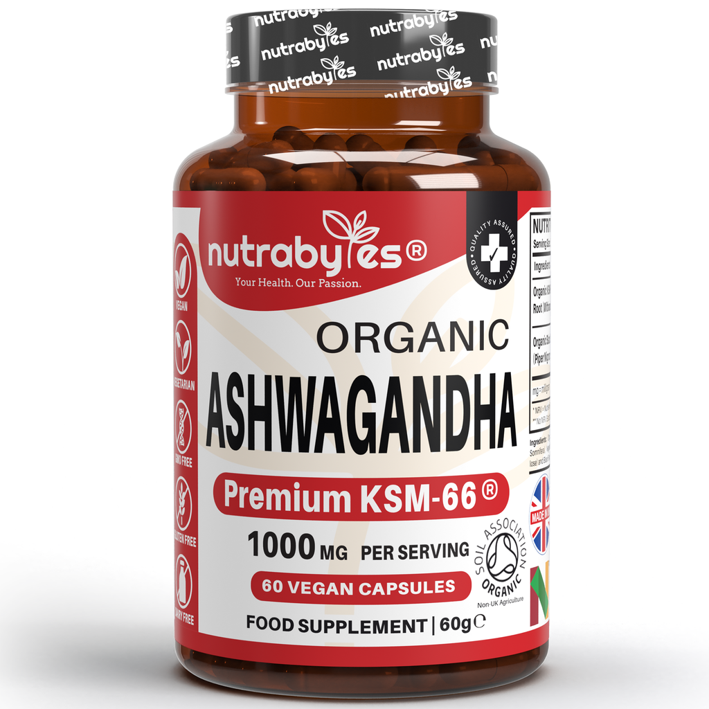 Organic Ashwagandha KSM66® 1000mg Per Serving with Organic Black Pepper, Certified Organic by Soil Association