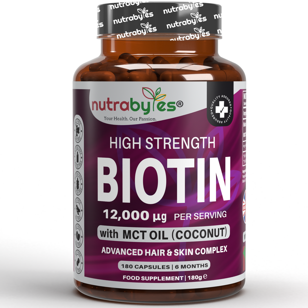 High Strength Biotin 12000mcg with MCT Oil (Coconut) | 180 Capsules (6 months) | Hair & Skin | Made in the UK