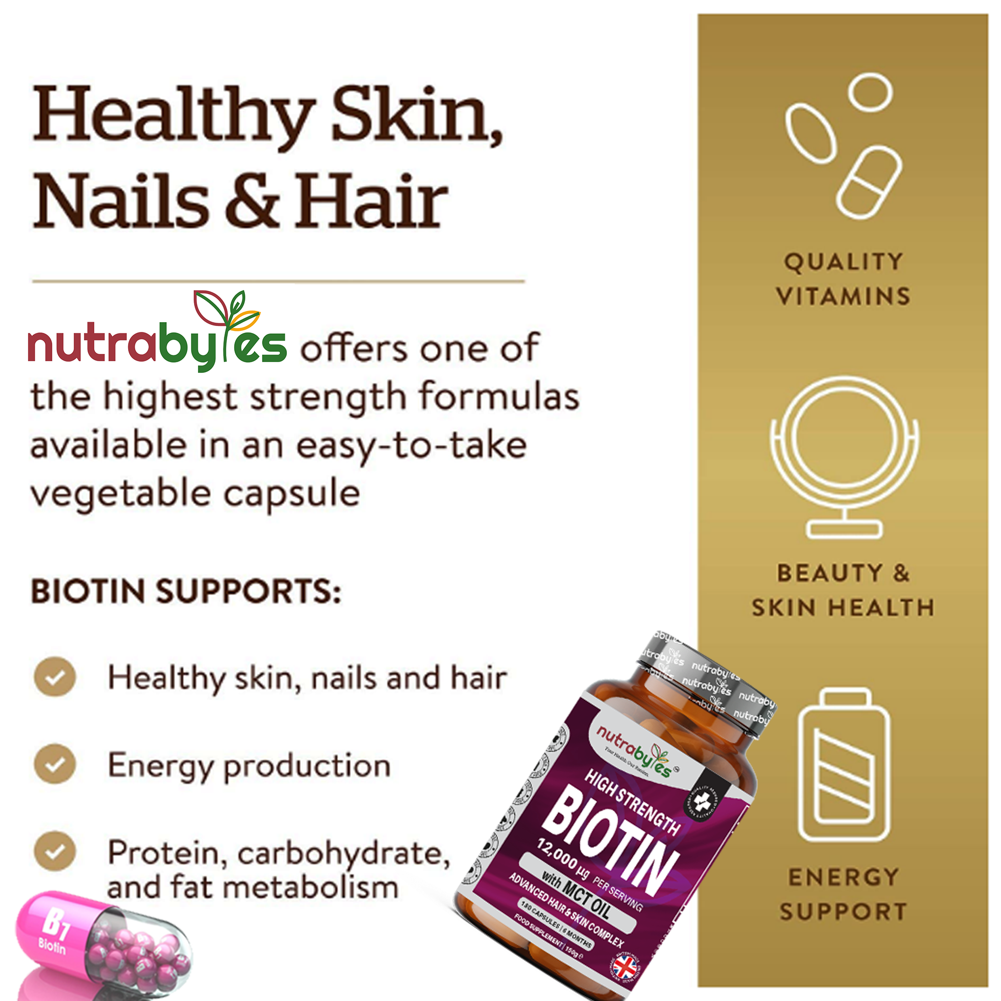 High Strength Biotin 12000mcg with MCT Oil (Coconut) | 180 Capsules (6 months) | Hair & Skin | Made in the UK