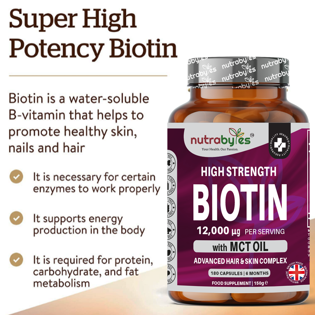 High Strength Biotin 12000mcg with MCT Oil (Coconut) | 180 Capsules (6 months) | Hair & Skin | Made in the UK